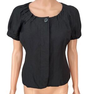 Ann Taylor LOFT Jacket Black Linen blend Short Sleeve Pleated Button Front Sz 6P